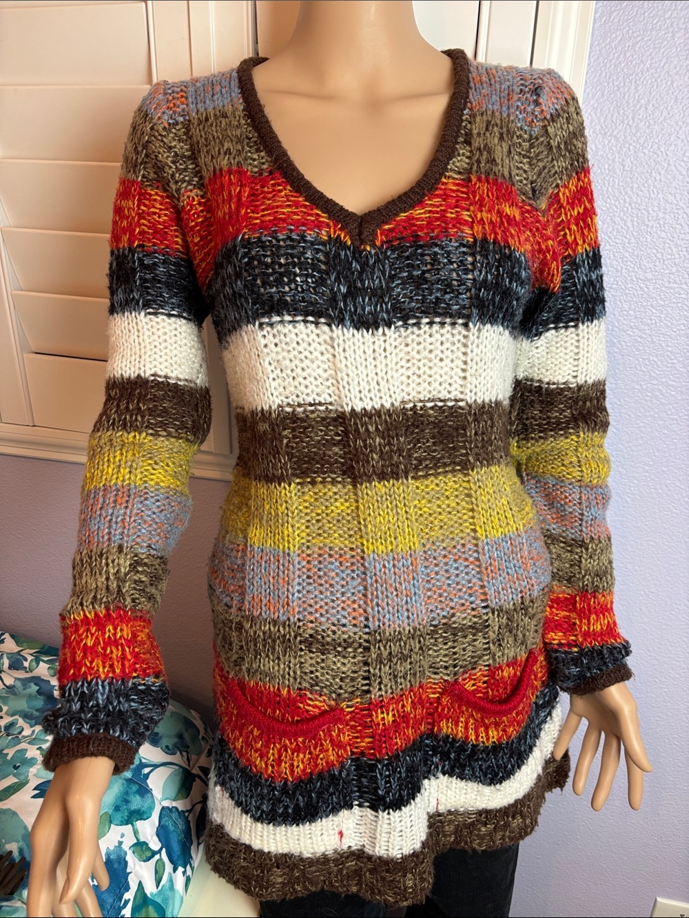 Multicolor Striped V-Neck Knit Sweater